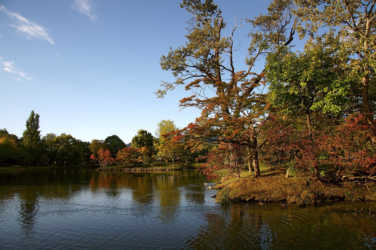 秋の中島公園の池と紅葉