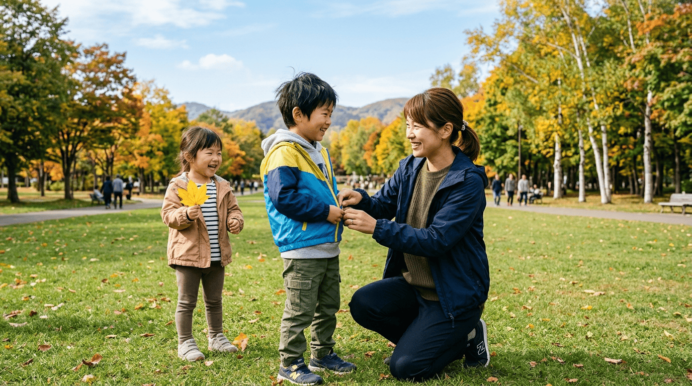 秋の札幌の公園で、子どものジャケットを直す母親と子どもたち