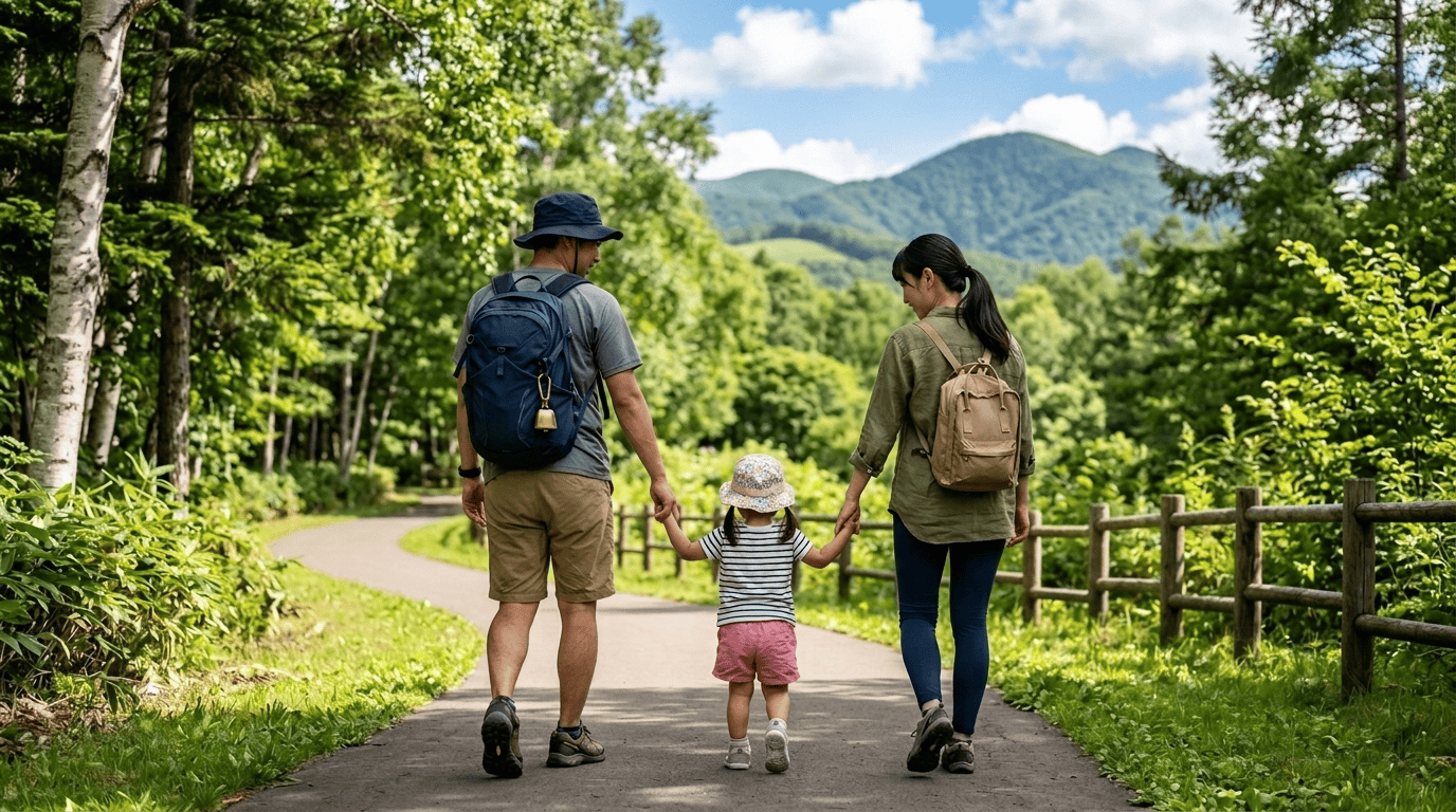札幌の公園の遊歩道を手をつないで歩く親子（リュックにクマ鈴）