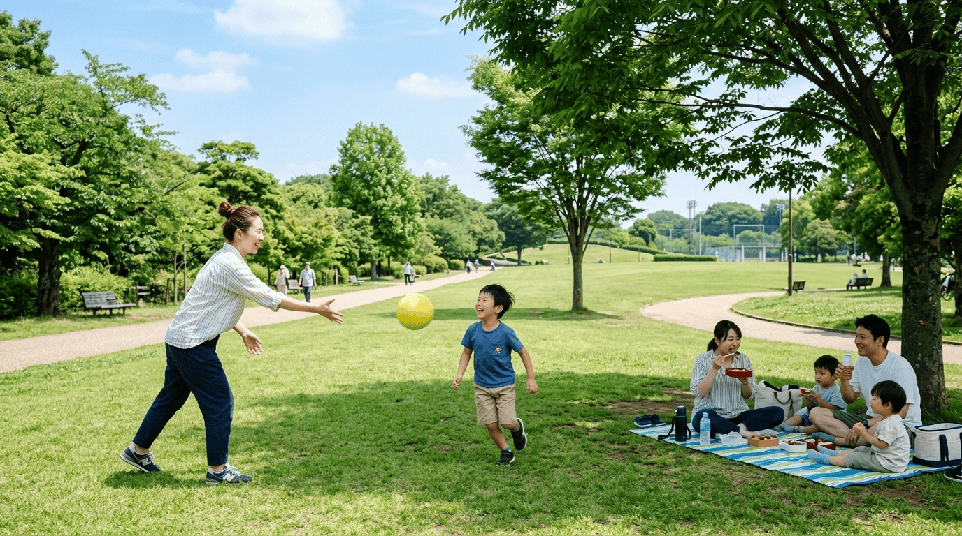 芝生でボール遊びとお弁当を楽しむ家族