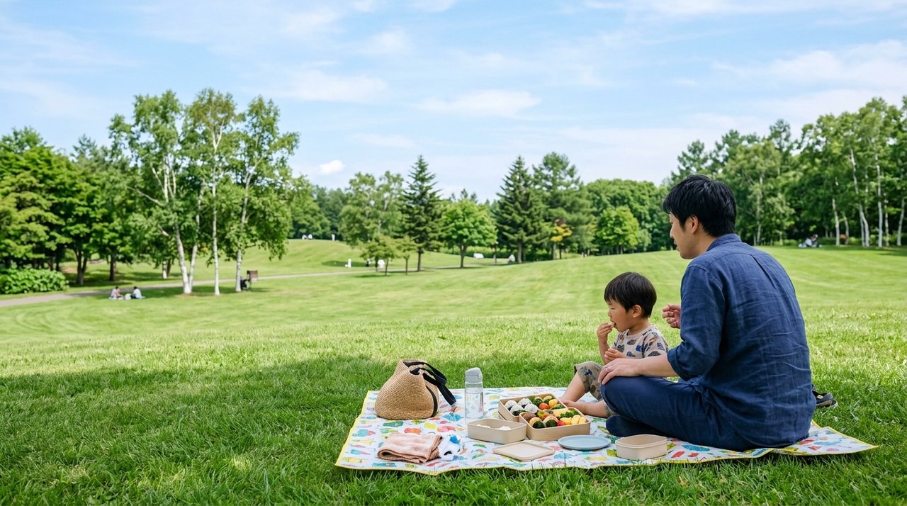 札幌の公園の芝生でお弁当を広げる親子