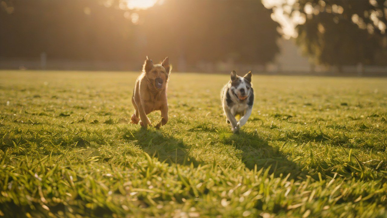 ドッグランを走る2匹の犬