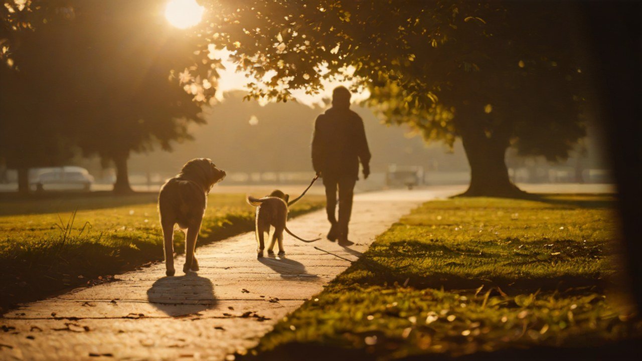 公園の園路を犬と散歩する様子