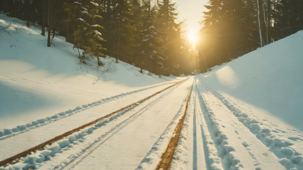 そりの跡が残る雪の公園