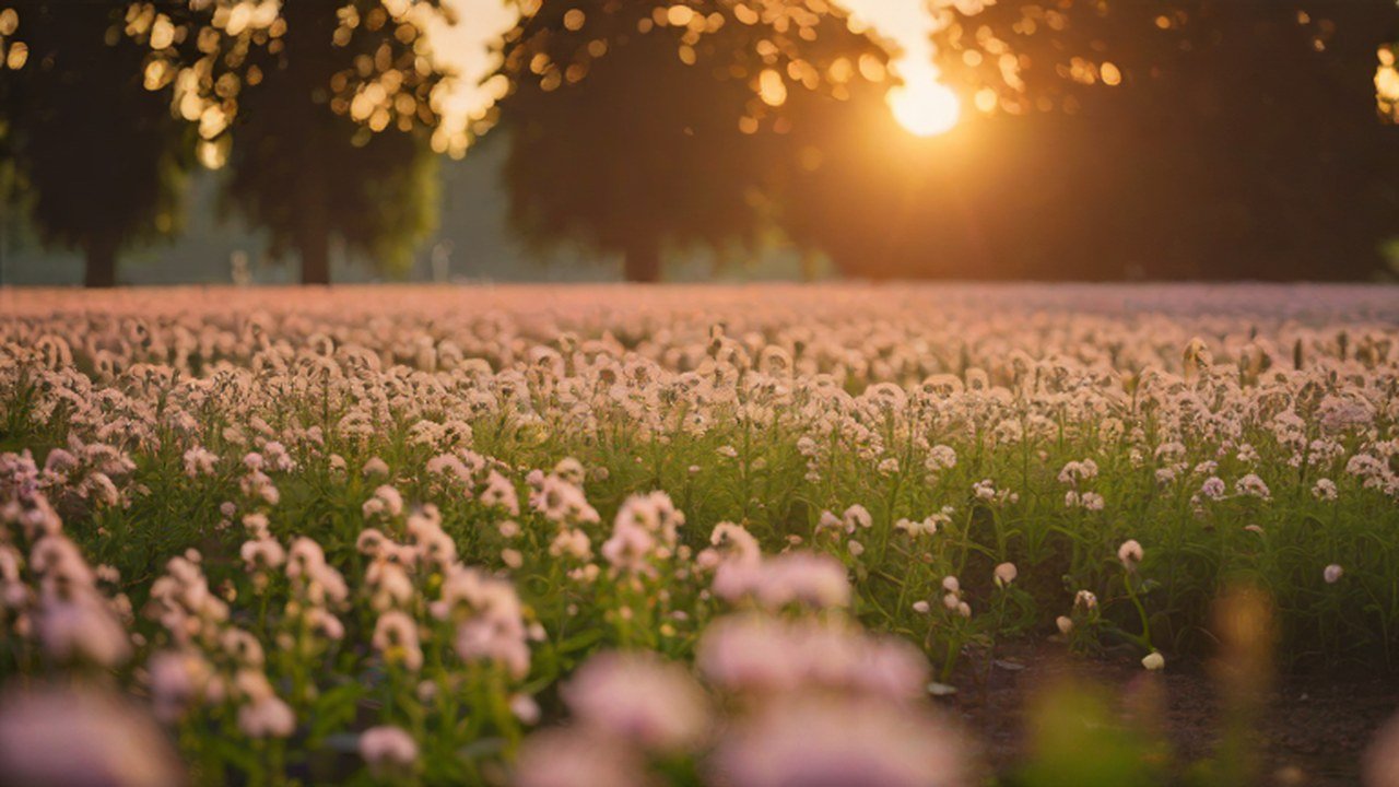 夕暮れの公園の花畑